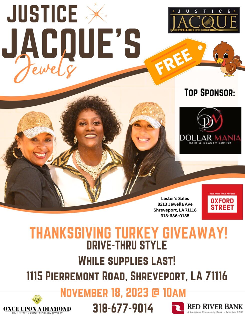 Justice Jacque is hosting a Thanksgiving turkey giveaway Saturday, Nov. 18, 2023.