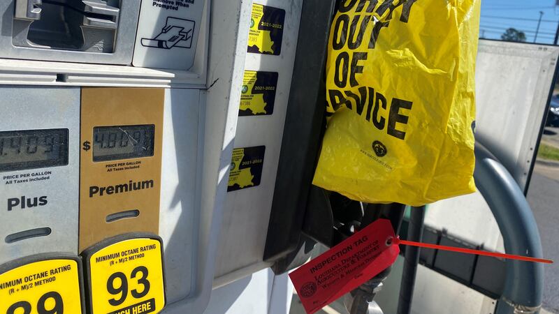 Some of the gas pumps are bagged and tagged March 24, 2022, at the Circle K at Youree Drive at...