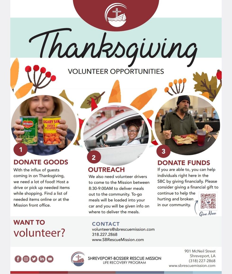 The Shreveport-Bossier Rescue Mission is in need of donations to help make 1,300 meals to be...