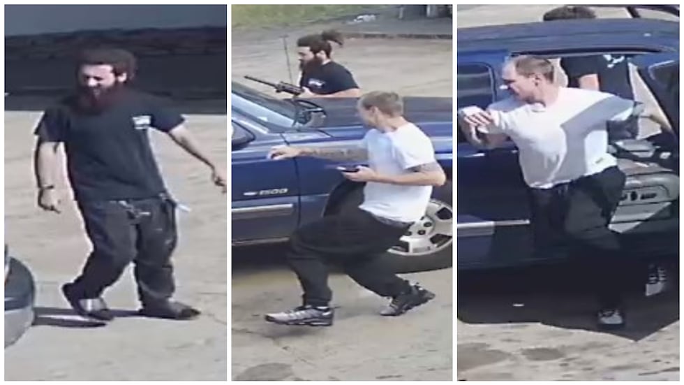 Police say these surveillance camera images show two customers who engaged three robbers in a...
