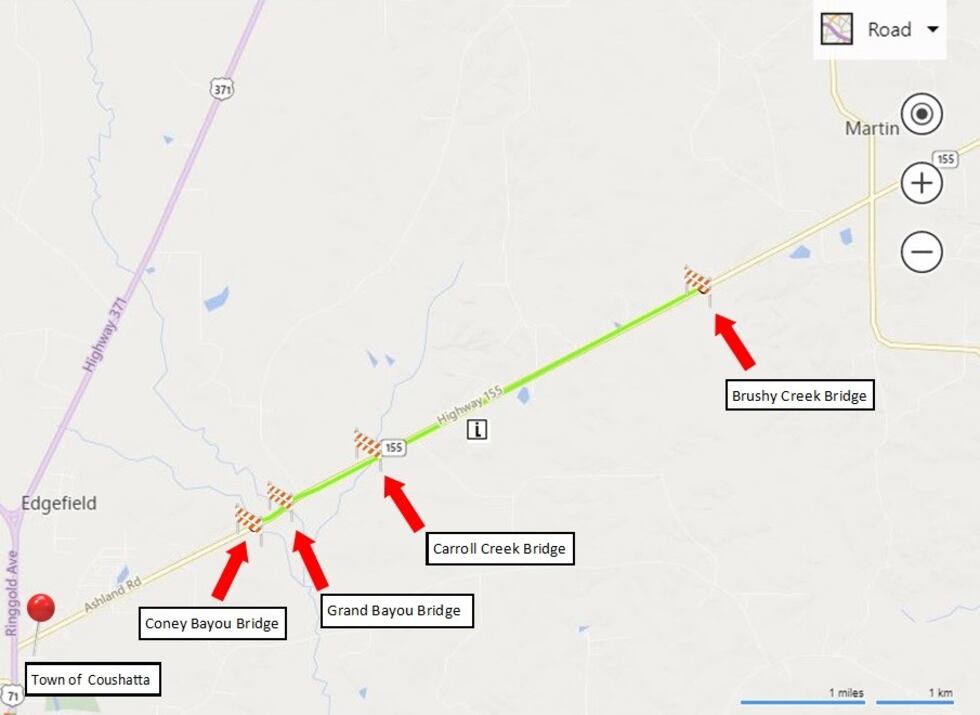 Map indicates location of bridges to be replaced on LA 155 near Coushatta in Red River Parish.