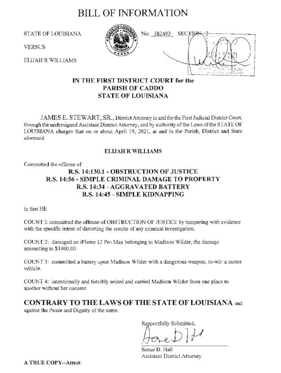 From Caddo Court records, the document details what Williams was charged with, initially, in...