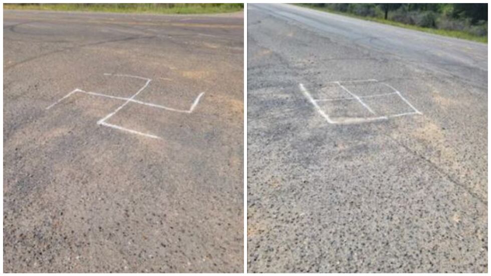 A swastika found on a road in the Mansfield area before and after it was covered up.