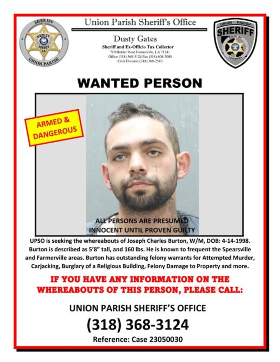 Union Parish police searching for attempted murder suspect