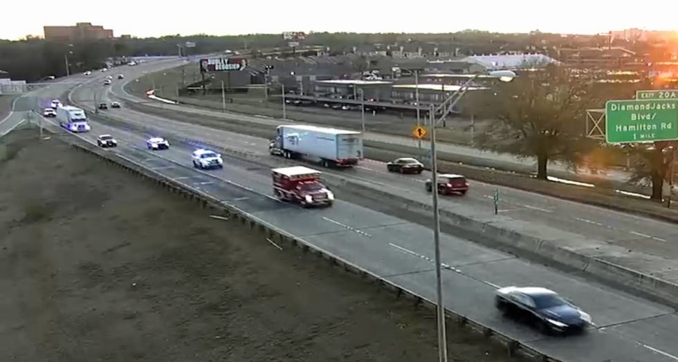 A Louisiana law officer chases a stolen ambulance east on Interstate 20 at Old Minden Road in...