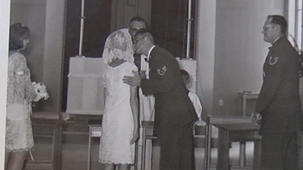 First kiss as husband & wife, Kevin & Amy Clifford, July 6, 1968/Source: KSLA News 12