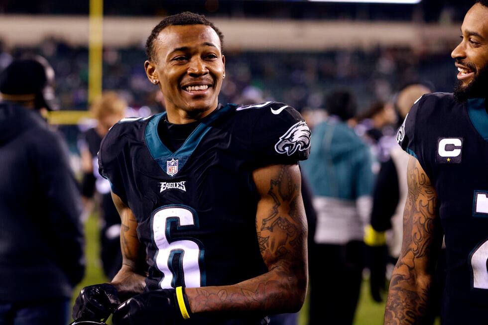 Philadelphia Eagles wide receiver DeVonta Smith (6) walks off the field after an NFL football...